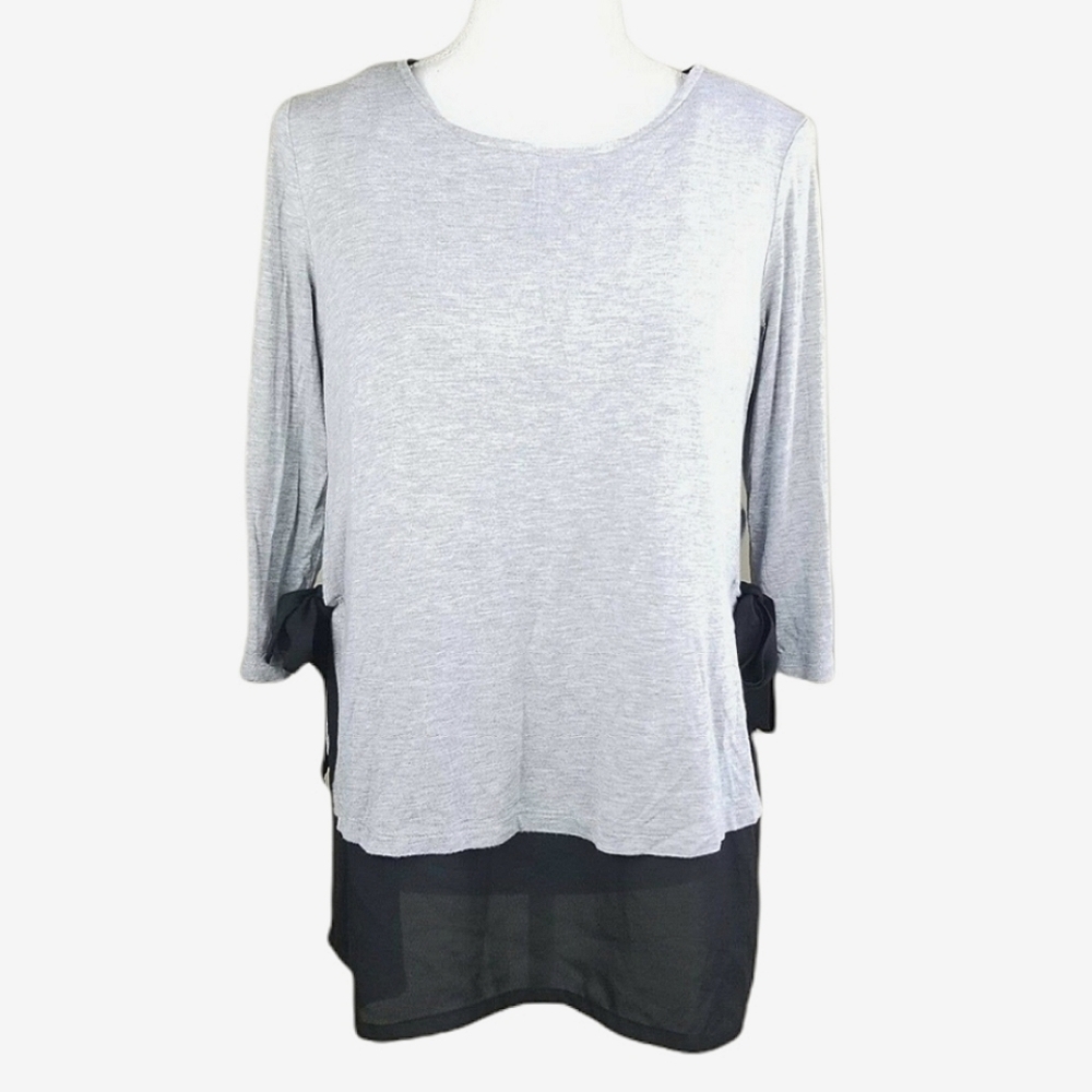 Pebble And Stone Gray Tee Shirt Tunic Top M 3/4 Sleeve Side Tie Chiffon Hem